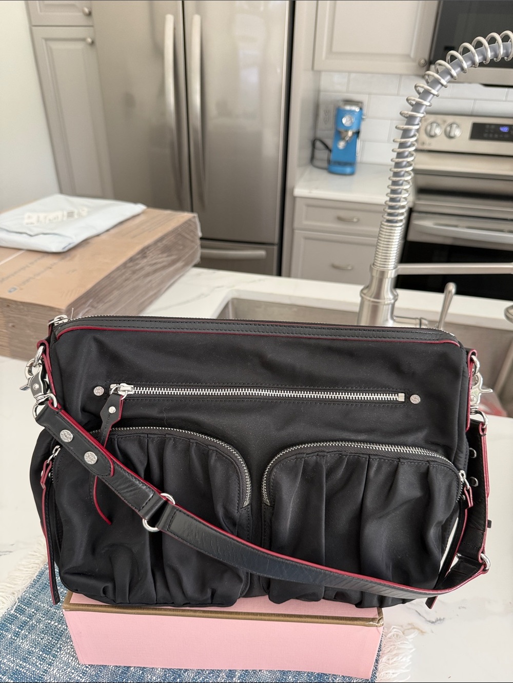 MZ Wallace Black Shoulder Bag with Red Trim